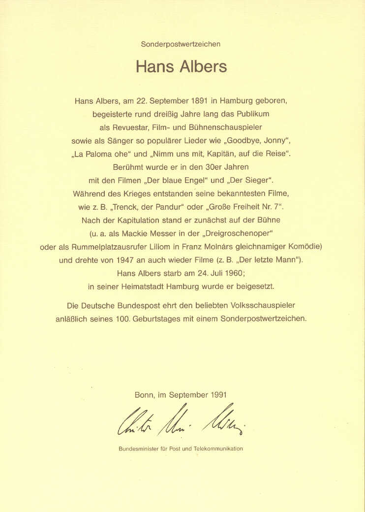 Sonderpostwertzeichen anllich des 100. Geburtstages des Schauspielers Hans Albers