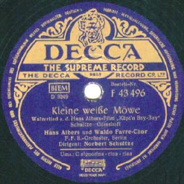 DECCA-Schellack-Schallplatte F 43496 A-Seite: Kleine weie Mwe (Walzerlied aus dem Hans-Albers-Film Kpt'n Bay-Bay)
