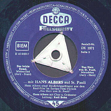 DECCA-EP-Vinyl-Schallplatte DX 1971: ... mit HANS ALBERS auf St. Pauli Seite 2