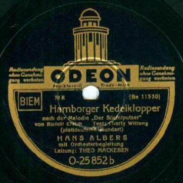 ODEON-Schellack-Schallplatte O-25852 B-Seite: Hamborger Kedelklopper (nach der Melodie Der Stiefelputzer)